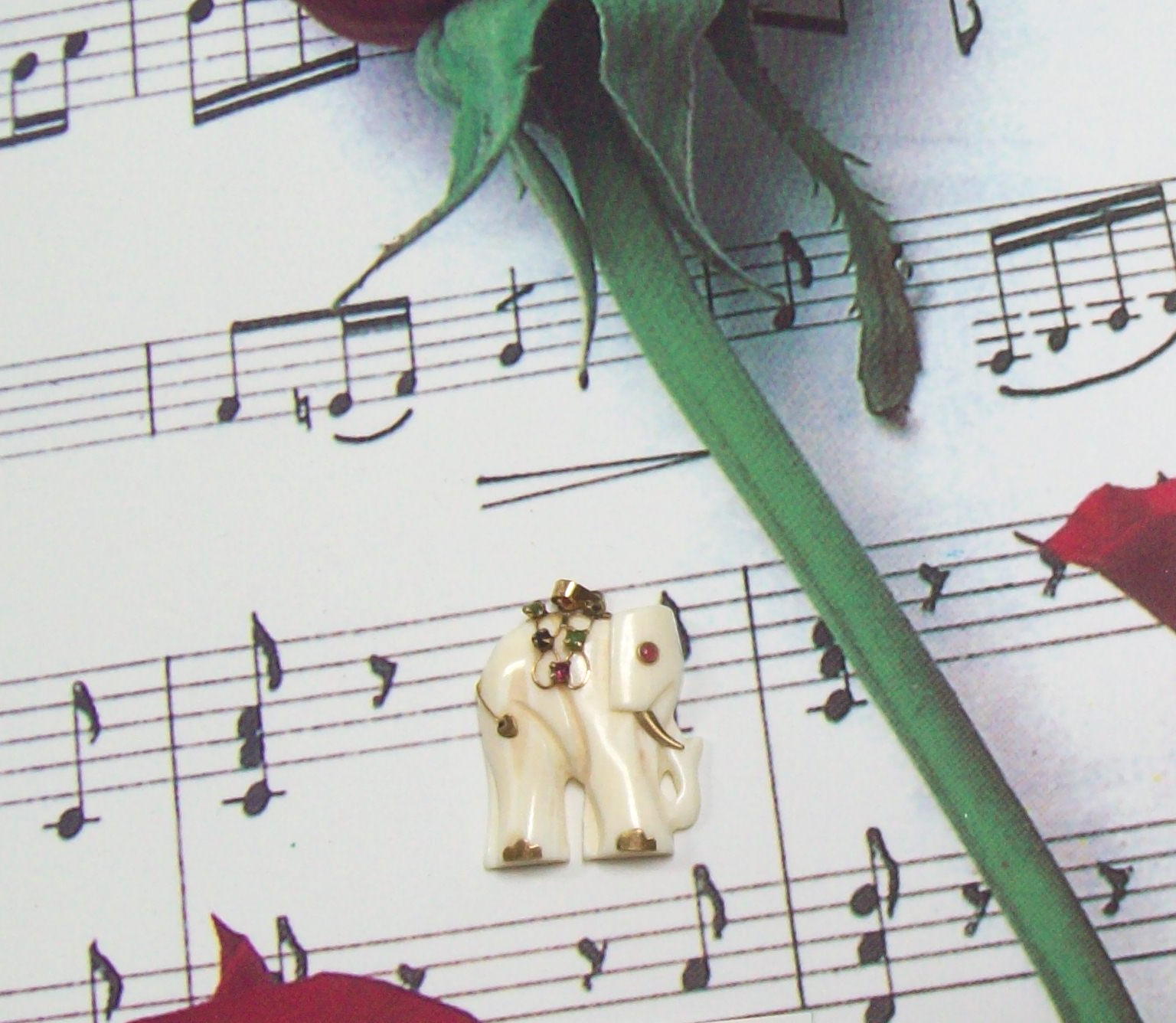 Vintage Ivory Elephant Pendant 14K Ruby Emerald Sapphire Front View