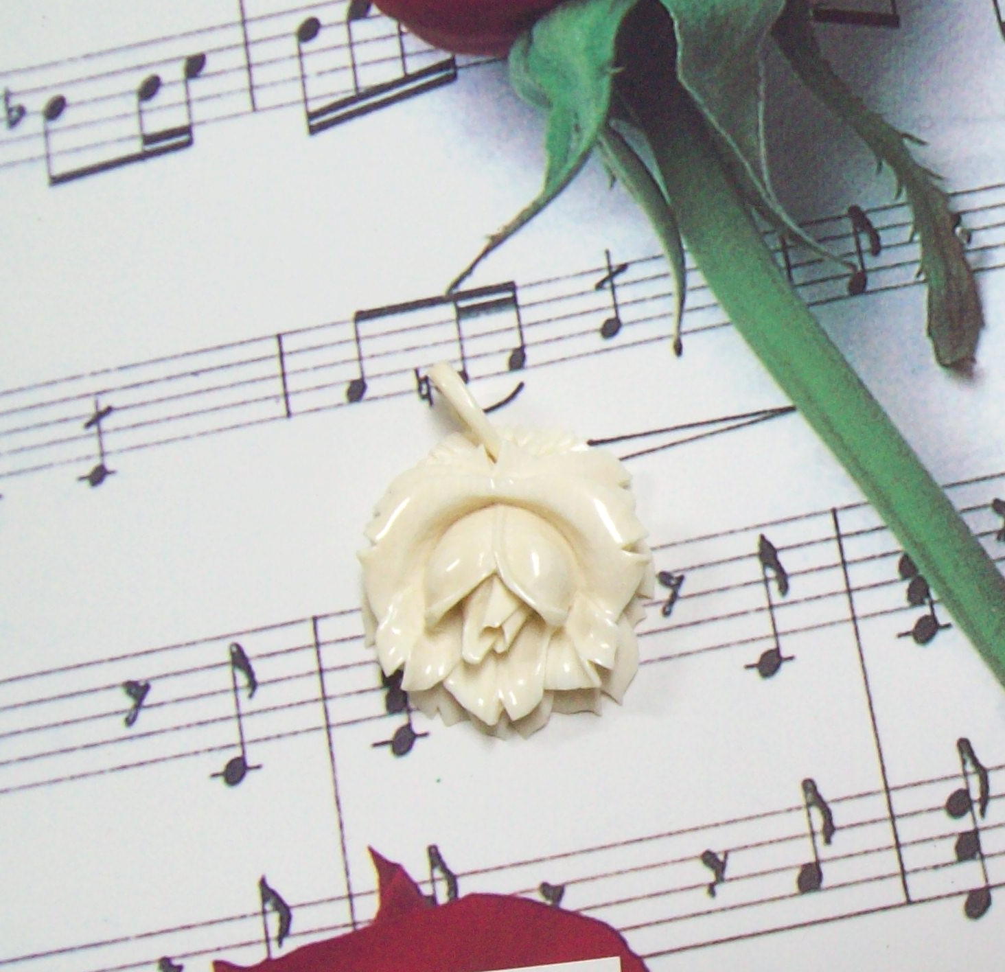 Pre-Ban Genuine Ivory Carved Rose Pendant front view