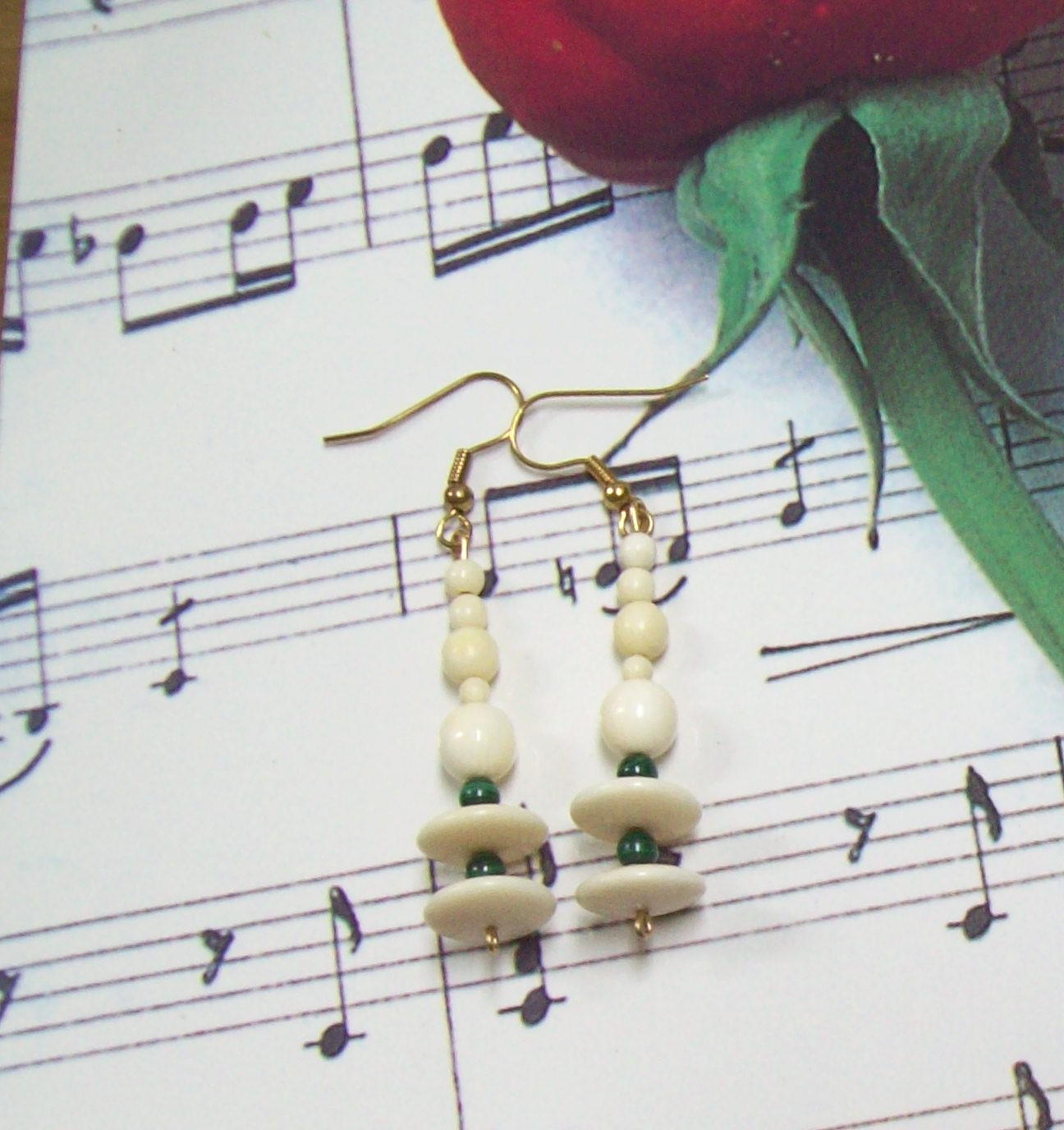 Pre-Ban Genuine Ivory Malachite Earrings front view