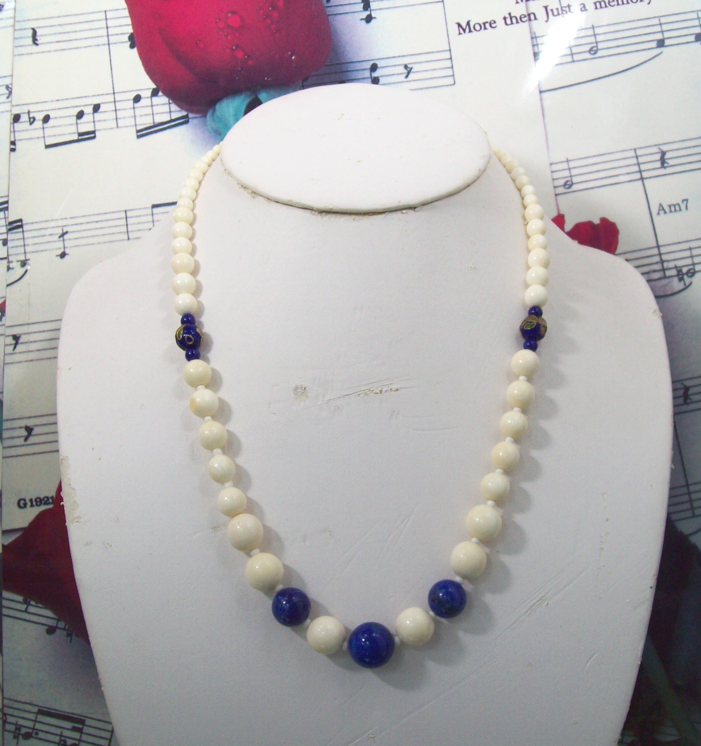 Pre-Ban Ivory Lapis Lazuli Cloisonne Necklace Vintage IV161