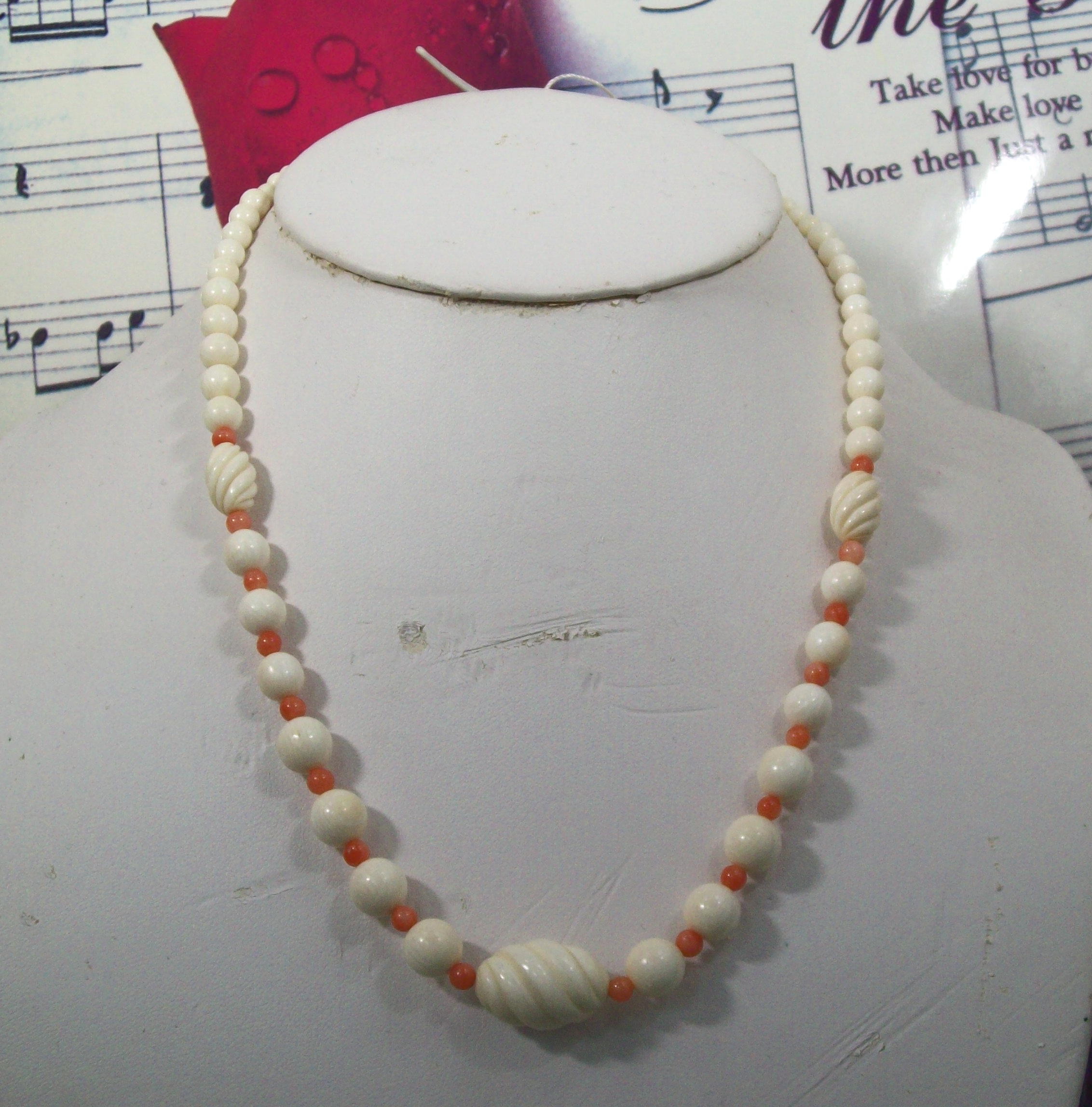 Pre Ban Ivory Coral Beaded Necklace Vintage IV162