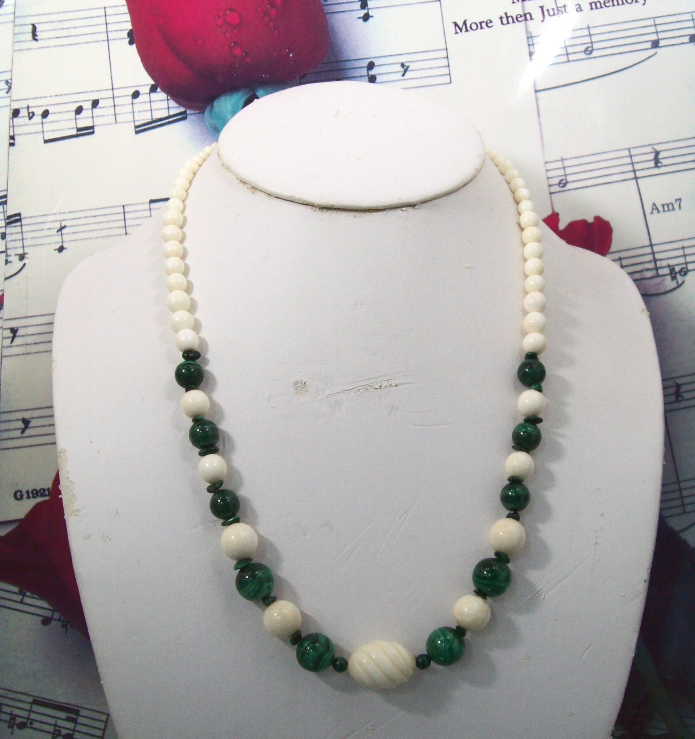 Pre-Ban Ivory Malachite Beaded Necklace Vintage 19 Inch IV175