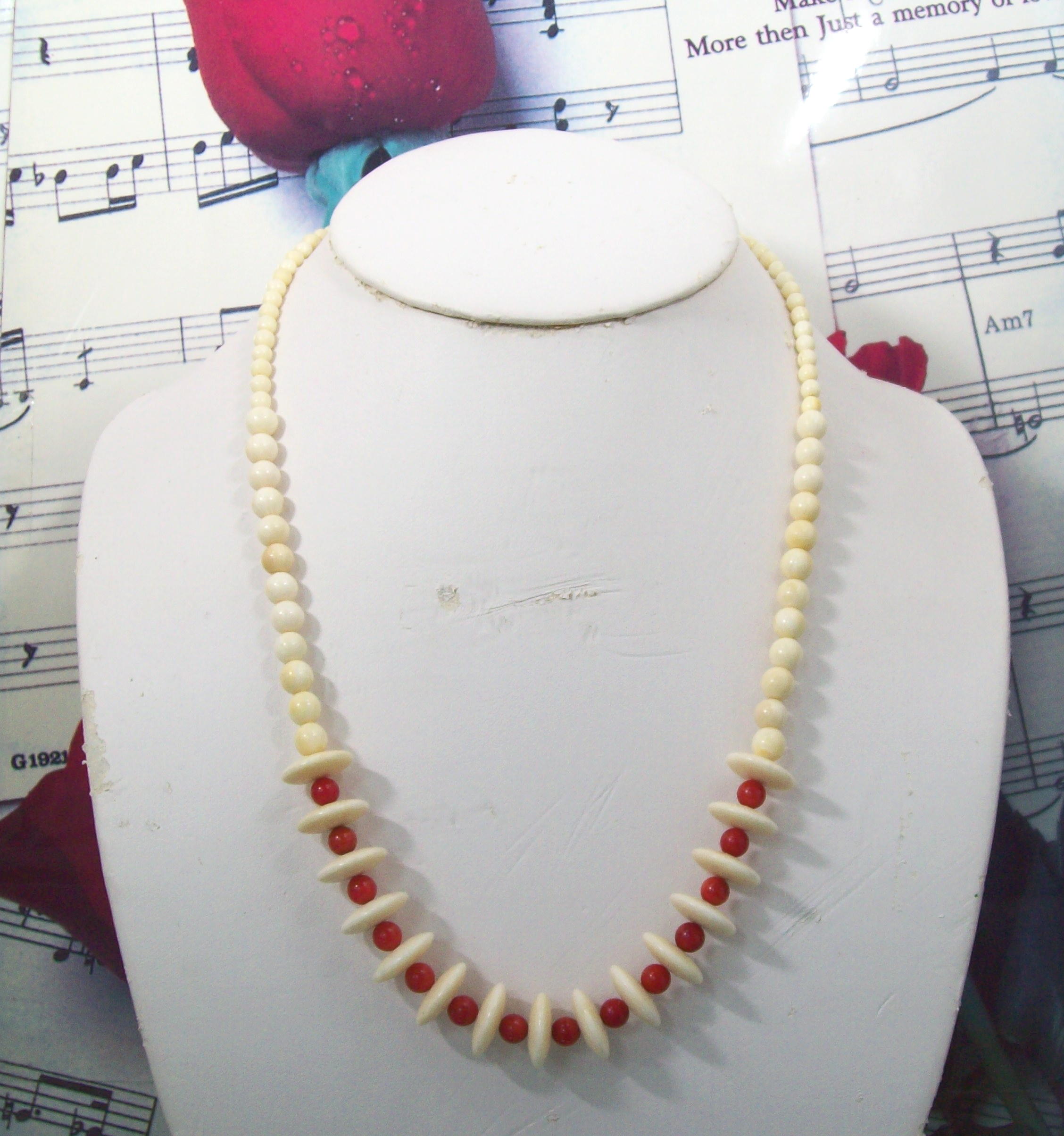 Pre Ban Ivory Coral Beaded Necklace Vintage IV179