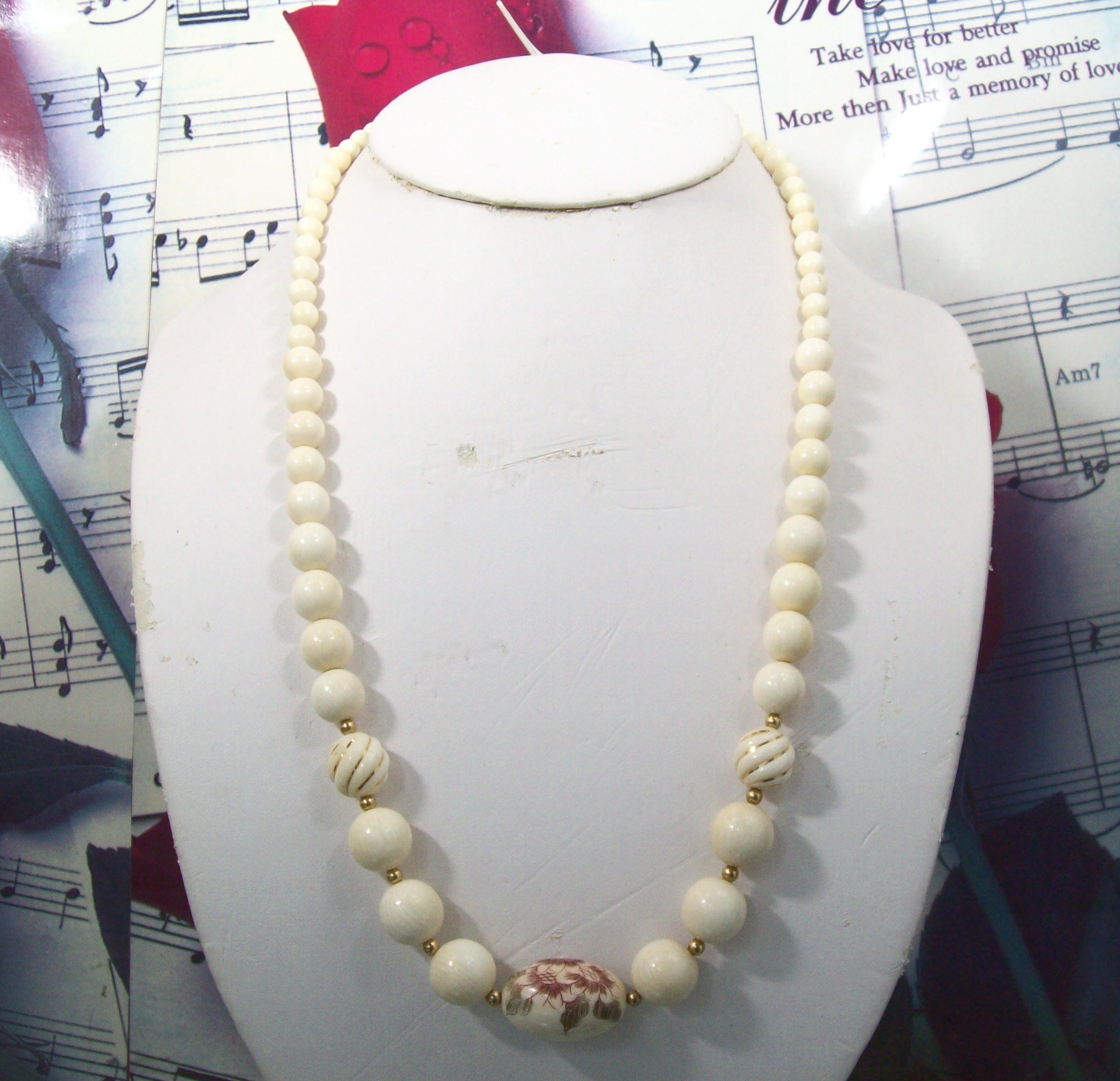 Vintage Scrimshaw Ivory Beaded Necklace with 14K Wired Beads Front View