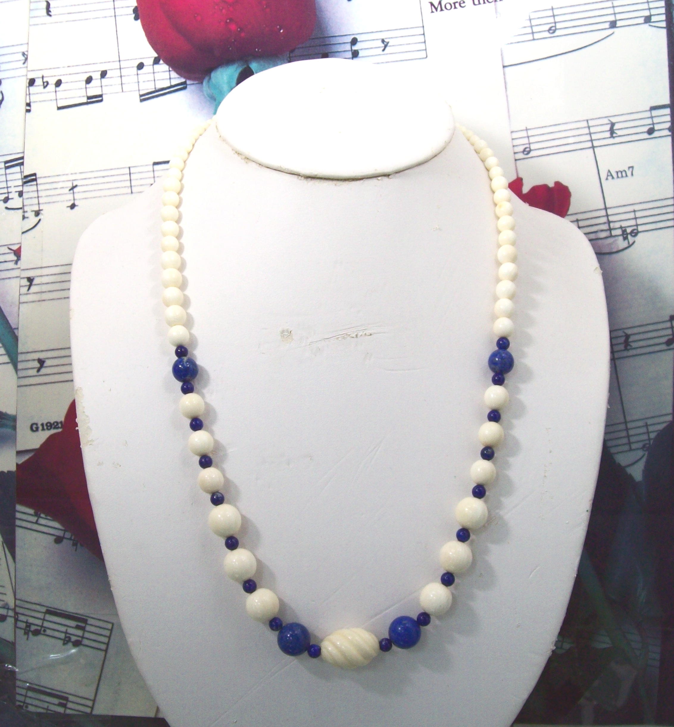 Pre-Ban Ivory Lapis Lazuli Necklace Graduated Beads Vintage IV186
