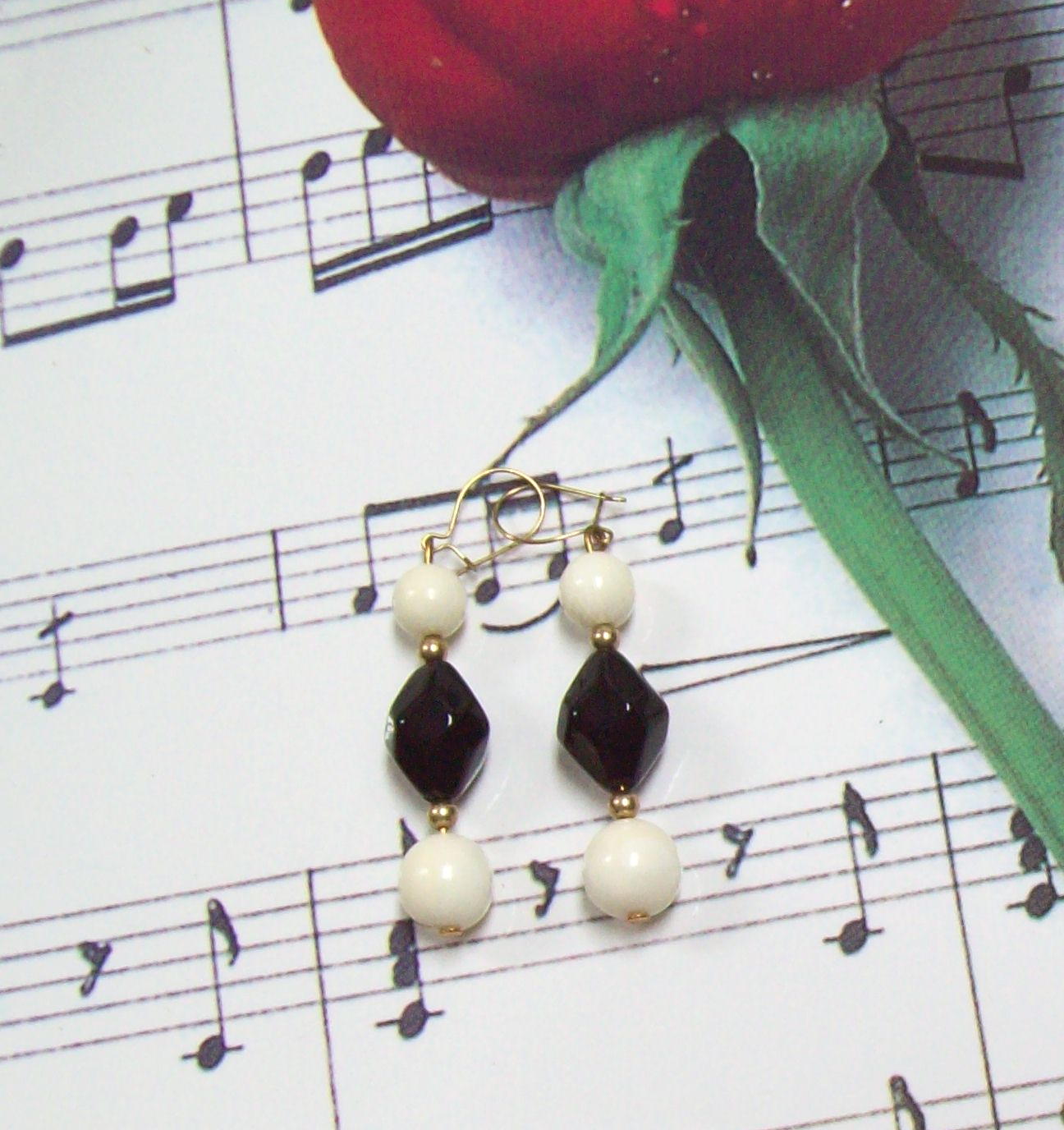 Pre-Ban Ivory Black Onyx Earrings with 14KGF kidney wire posts