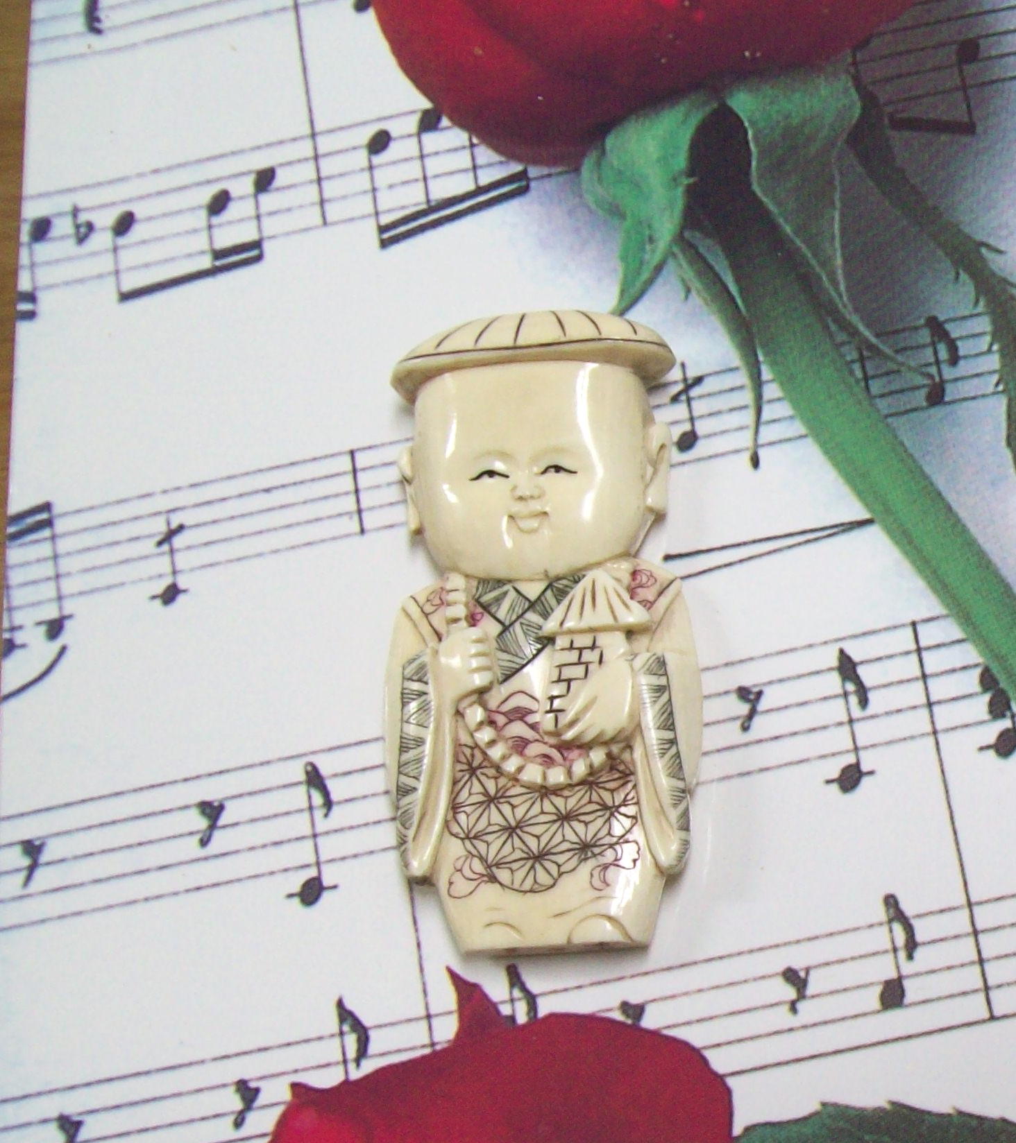 Vintage Ivory Scrimshaw Pendant signed carved boy design